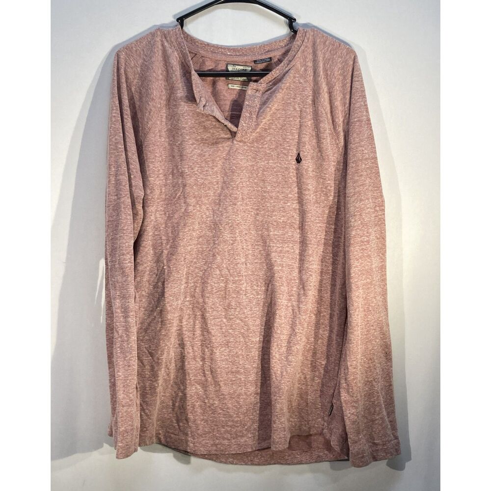 Volcom Men's Henley Shirt Size Large Long Sleeve Pink Heathered Split V Neck